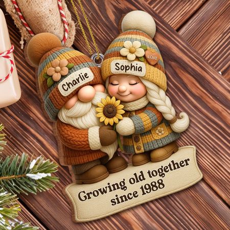 Growing Old Together Gnome Couple Ornament - Personalized Custom Wood Ornament, Custom Shaped